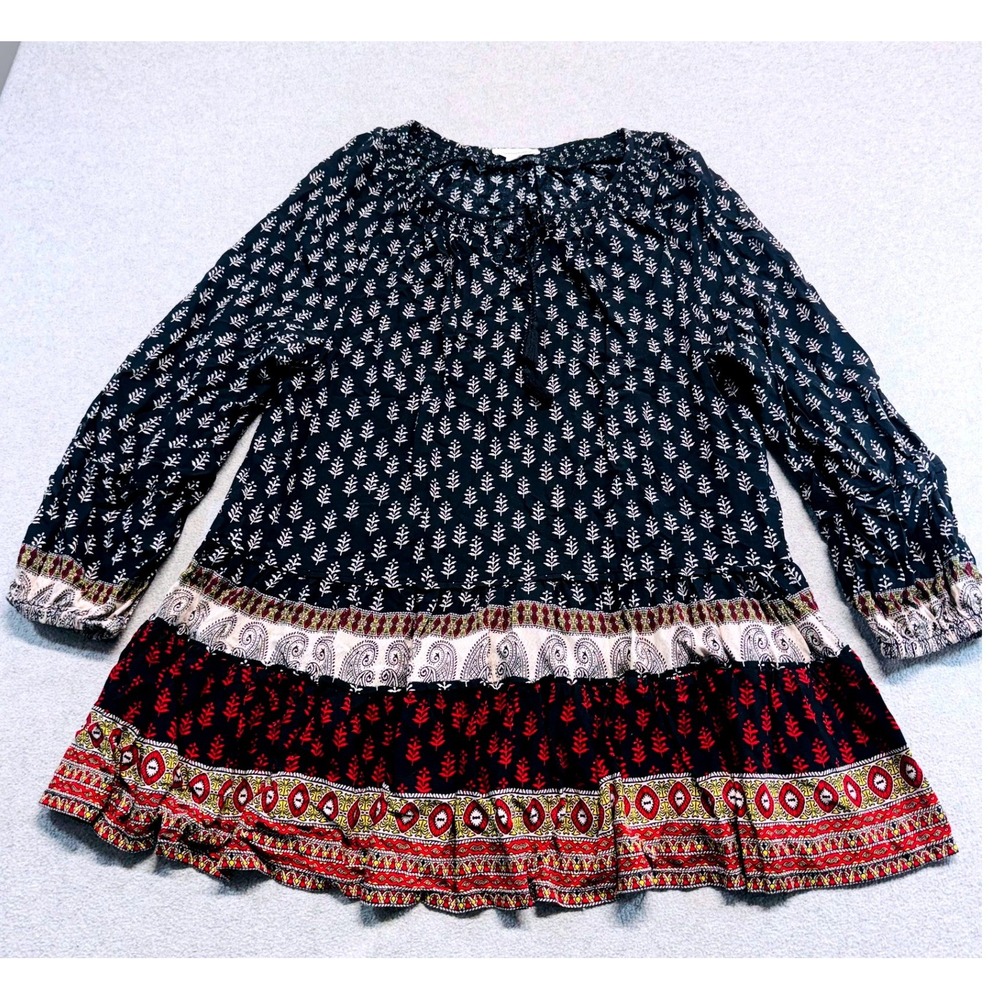 Beachlunchlounge Tunic Women M Black Red Boho Mixed Print Tiered Peasant Top